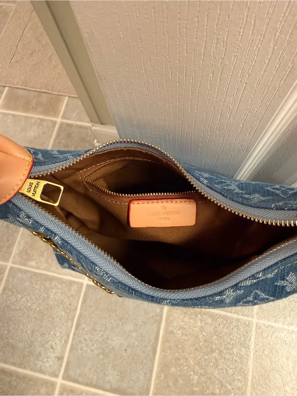 Denim Monogram Shoulder Bag with Gold Chain - Picture 5 of 7